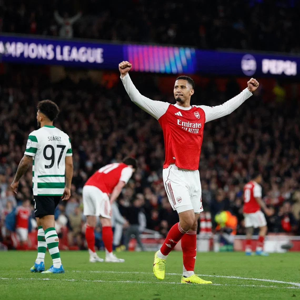 Soccer Football - UEFA Champions League - Quarter Final - Second Leg - Arsenal v Sporting CP - Emirates Stadium, London, Britain - April 15, 2026 Arsenal's William Saliba celebrates after the match Action Images via Reuters/Peter Cziborra