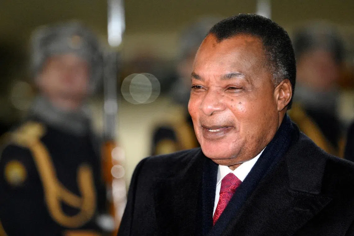 FILE PHOTO: President of the Republic of the Congo Denis Sassou Nguesso attends a welcoming ceremony at Kazan Airport upon his arrival to participate in the BRICS summit, Russia October 22, 2024. Alexei Danichev/BRICS-RUSSIA2024. RU Host Photo Agency via REUTERS/File Photo