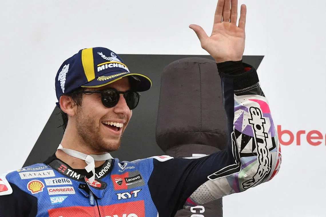 FILE PHOTO: MotoGP - Italian Grand Prix - Mugello Circuit, Scarperia e San Piero, Italy - June 2, 2024 Ducati Lenovo Team's Enea Bastianini celebrates his second place on the podium after the race REUTERS/Jennifer Lorenzini/File Photo