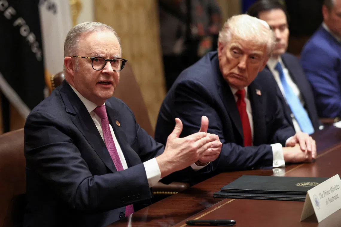 Australia's Prime Minister Anthony Albanese speaks during a meeting with U.S. President Donald Trump in the Cabinet Room at the White House, in Washington, D.C., U.S., October 20, 2025. REUTERS/Kevin Lamarque