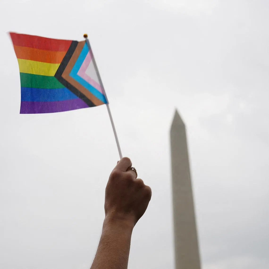 A person holds a Progress Pride Flag during the \"International Rally + March on Washington for Freedom\" in support of LGBTQ+ rights as part of WorldPride in Washington, D.C., U.S., June 8, 2025. REUTERS/Gabriel V. Cardenas