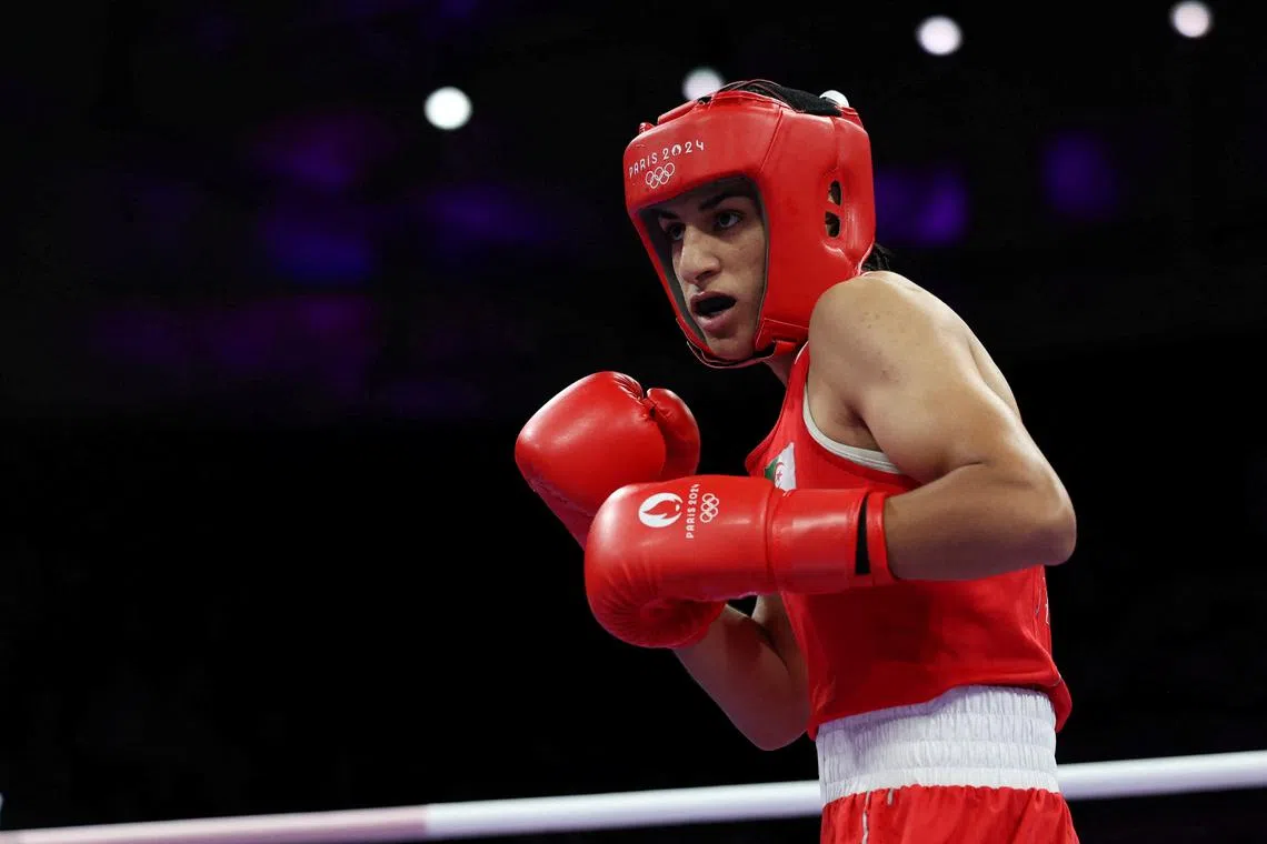 Paris 2024 Olympics - Boxing - Women's 66kg - Prelims - Round of 16 - North Paris Arena, Villepinte, France - August 01, 2024. Imane Khelif of Algeria in action with Angela Carini of Italy  REUTERS/Isabel Infantes/File Photo