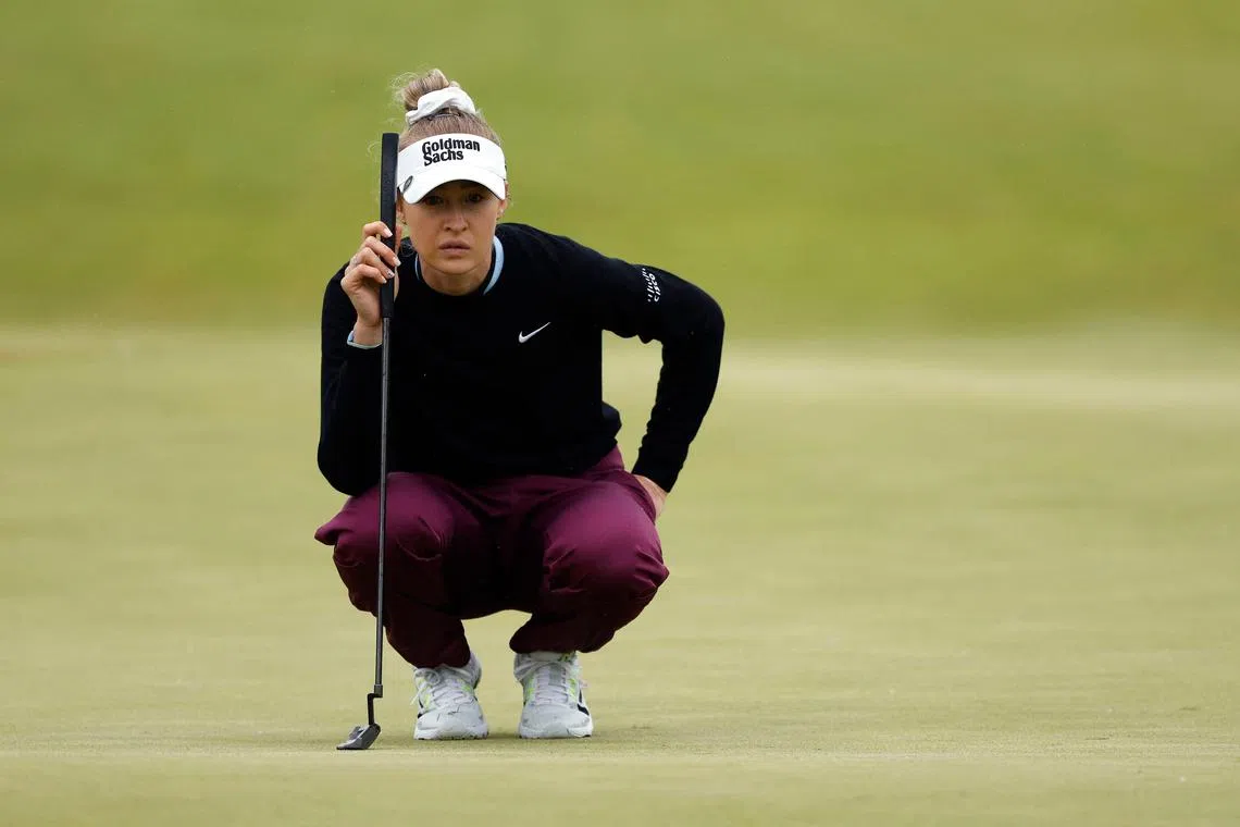 Leader Nelly Korda of the United States lining up a putt on the 15th green during the third round of the Mizuho Americas Open at Liberty National Golf Club on May 18 in Jersey City, New Jersey. 