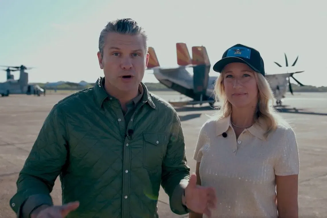 US Secretary of Defence Pete Hegseth and his wife, Jennifer, in a screenshot posted to his X account on Nov 27.