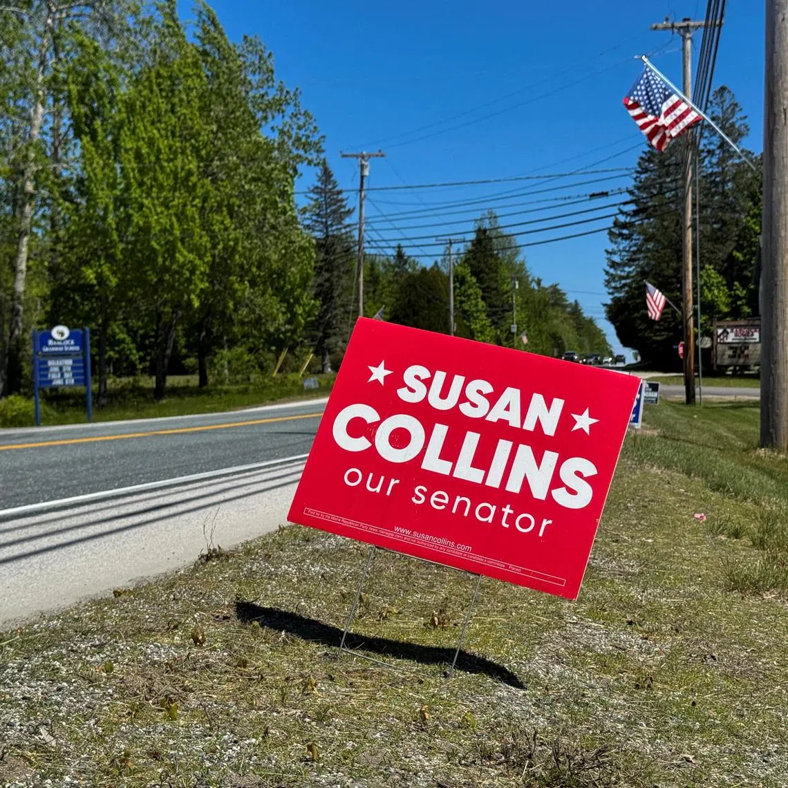 An election sign for Republican Senator from Maine, running for re-election, Susan Collins, stands along a road near the town of Hancock, in rural Maine, US, on June 3.