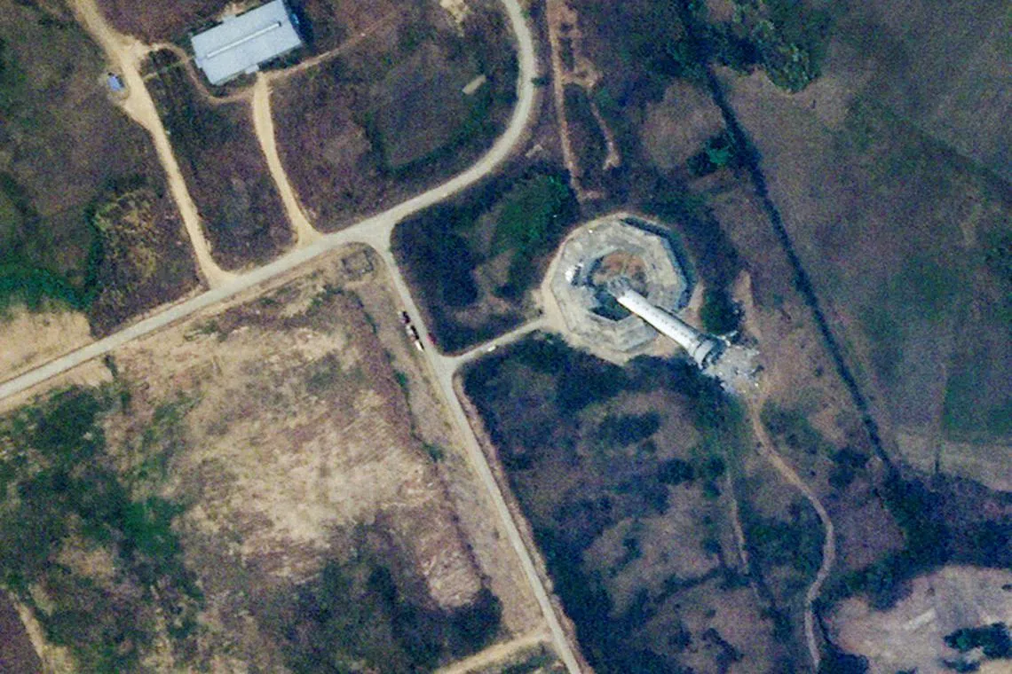 A satellite image shows a collapsed control tower at the airport in Naypyitaw, Myanmar.