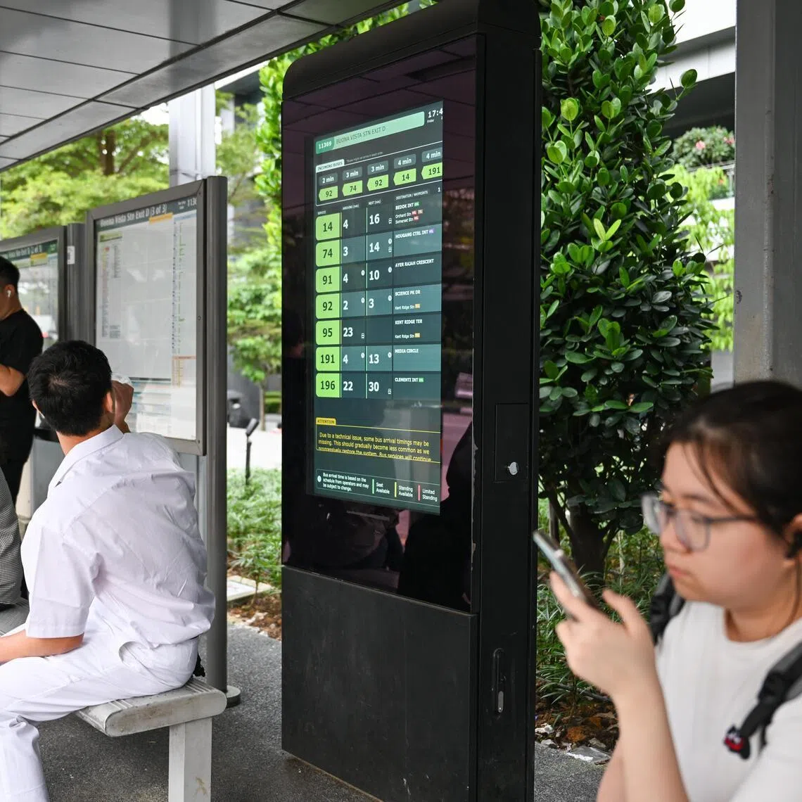 The bus arrival timing shown on a board near Buona Vista Station Exit D on Jan 23, 2026.
