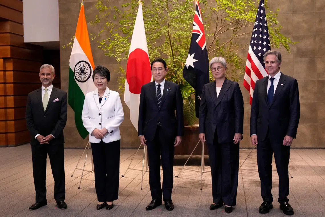 Japanese Prime Minister Fumio Kishida (C) poses for photos with Australian Foreign Minister Penny Wong (2nd R), Indian Foreign Minister Subrahmanyam Jaishankar (L), Japanese Foreign Minister Yoko Kamikawa (2nd L) and US Secretary of State Antony Blinken (R) at the Prime Minister's office after the four top diplomats participated in their Quad meeting in Tokyo on July 29, 2024.