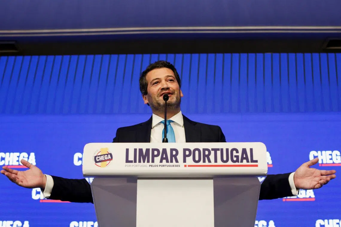 FILE PHOTO: Far right political party Chega leader Andre Ventura reacts following results in the general election in Lisbon, Portugal, March 11, 2024. REUTERS/Pedro Rocha/File Photo