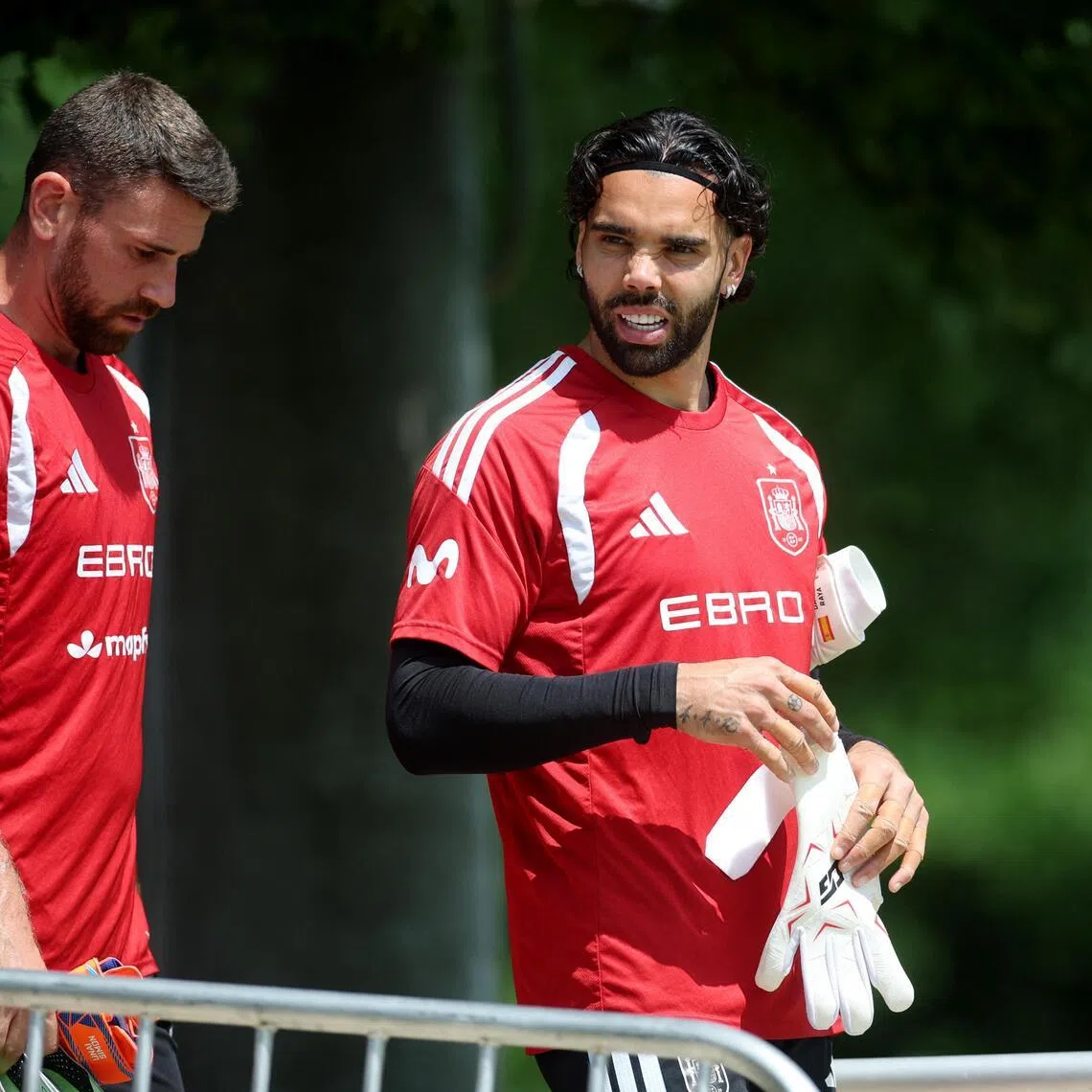 Spain goalkeepers Unai Simon (left) and David Raya during training ahead of the World Cup at Baylor School in Chattanooga, Tennessee, on  June 11, 2026.
