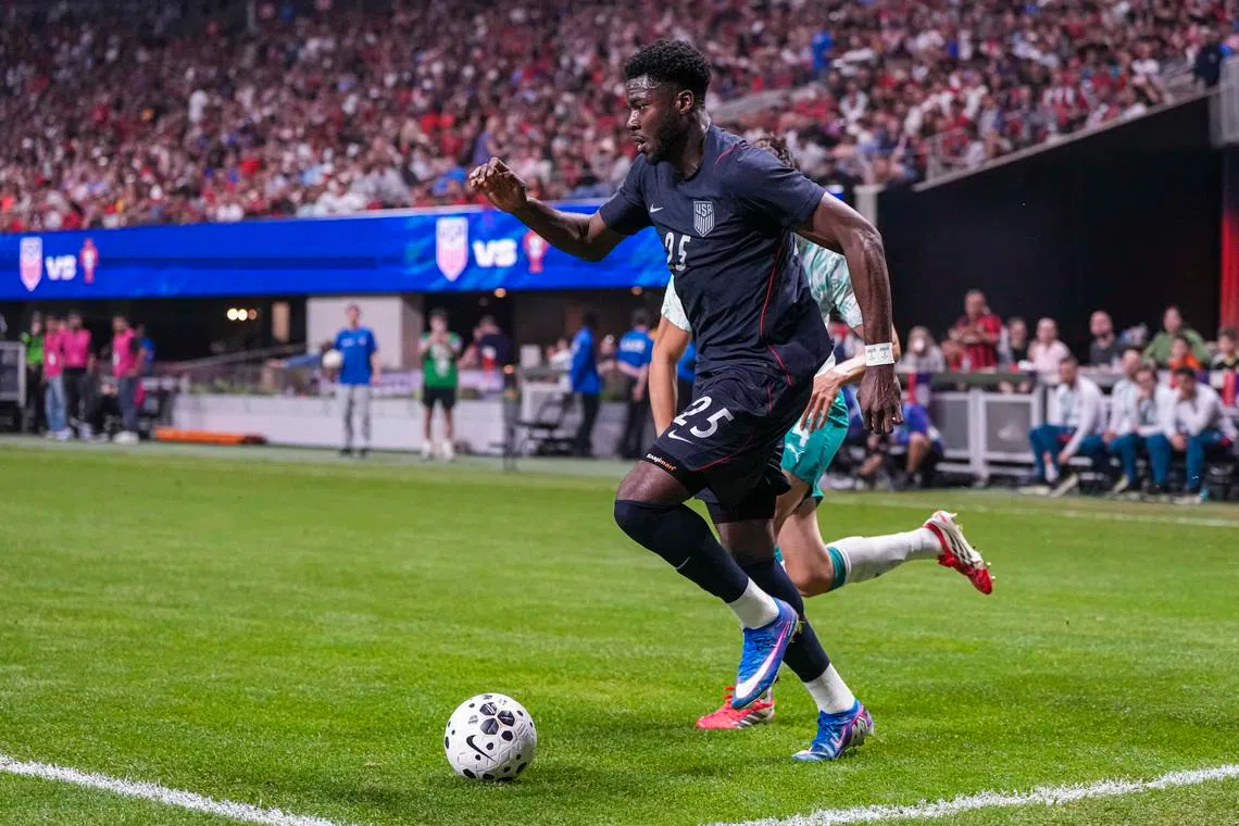 Mar 31, 2026; Atlanta, Georgia, USA; United States forward Patrick Agyemang (25) controls the ball against Portugal at Mercedes-Benz Stadium. Mandatory Credit: Dale Zanine-Imagn Images