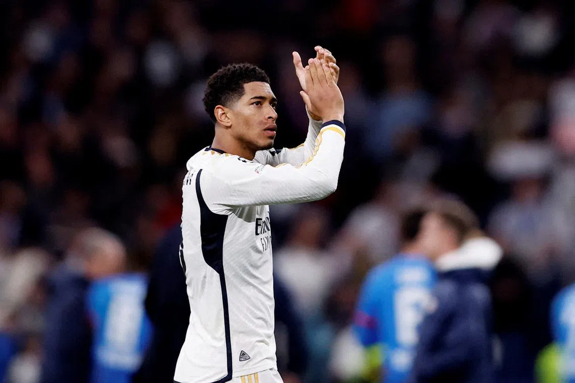 FILE PHOTO: Soccer Football - Champions League - Round of 16 - Second Leg - Real Madrid v RB Leipzig - Santiago Bernabeu, Madrid, Spain - March 6, 2024 Real Madrid's Jude Bellingham applauds fans after the match REUTERS/Juan Medina/File Photo