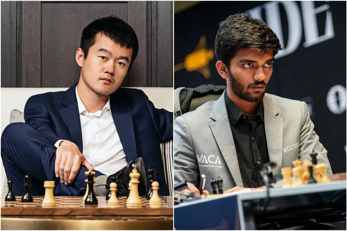 World chess champion Ding Liren (left) will face India's Gukesh Dommaraju in Singapore for the world championship from Nov 25 to Dec 13.