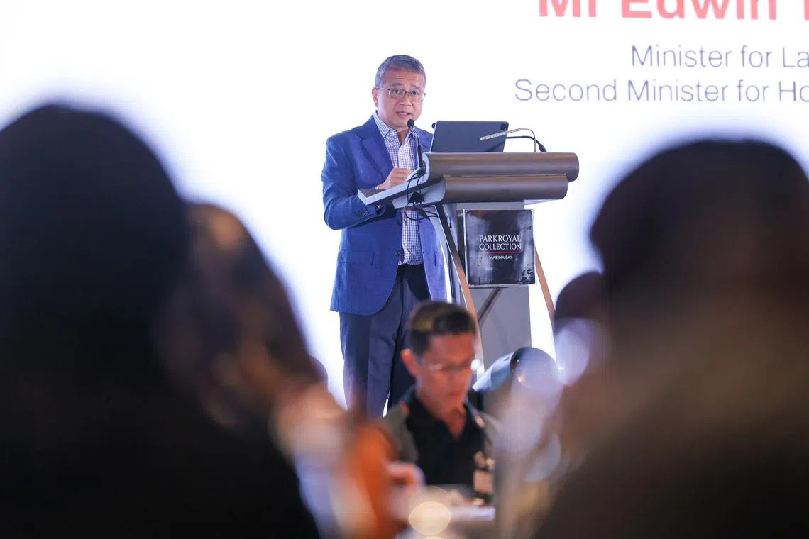 Minister for Law and Second Minister for Home Affairs Edwin Tong speaking at the CARE Network Summit and Correctional Practice and Research Symposium on July 24.