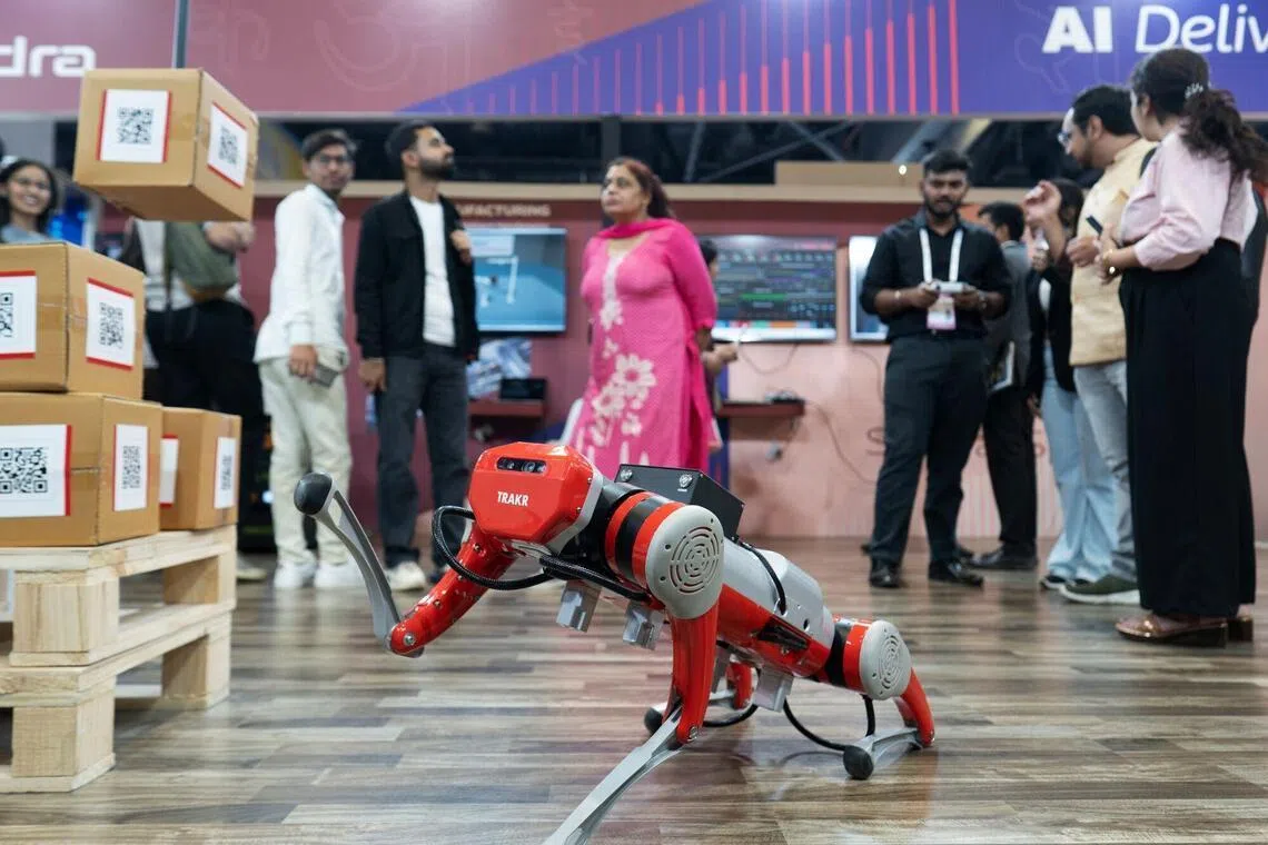 Addverb Technologies' Trakr quadruped robot at the AI Impact Summit in New Delhi.