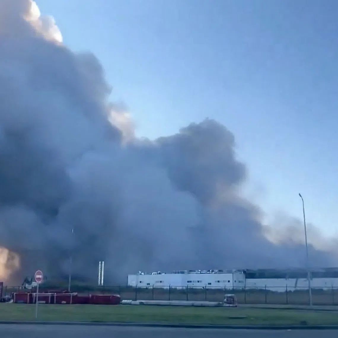 Smoke rises from a logistics hub of Russian e-commerce giant Wildberries, following a drone attack, according to officials, in Kotovsk, Tambov Region, Russia August 26, 2026, in this screen grab obtained from a social media video. Social Media/via REUTERS