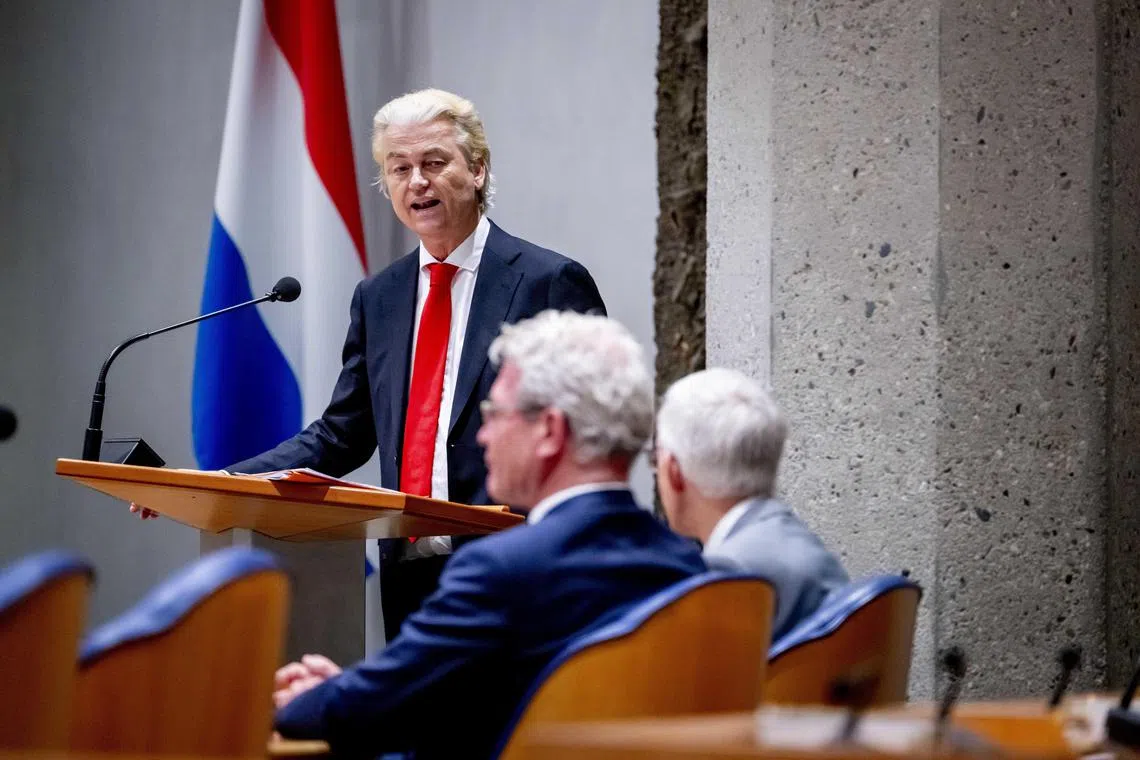 Party for Freedom (PVV) leader Geert Wilders speaks during a debate on the final report of informateurs Richard van Zwol and Elbert Dijkgraaf on forming new Dutch government in the House of Representatives in the Hague, the Netherlands, 22 May 2024. Under their guidance, the PVV, VVD, NSC and BBB parties have reached a final agreement to form a right-wing cabinet, after almost six months of negotiations.  EPA-EFE/ROBIN UTRECHT