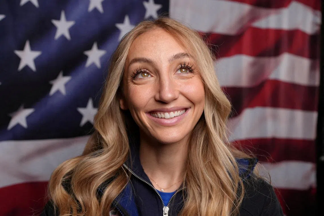 Milan-Cortina D'Ampezzo 2026 Winter Olympic Games - Short Track speed skater Kristen Santos-Griswold of the U.S. poses for a photograph at the Team USA Media Summit in Manhattan in New York City, U.S., October 28, 2025. REUTERS/Adam Gray