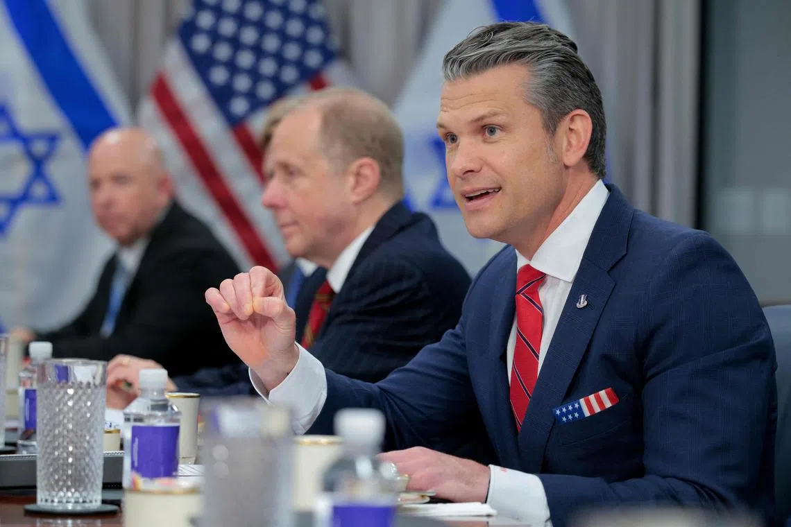 US Defence Secretary Pete Hegseth (right) speaking to reporters while meeting Israeli Defence Minister Israel Katz at the Pentagon on July 18.