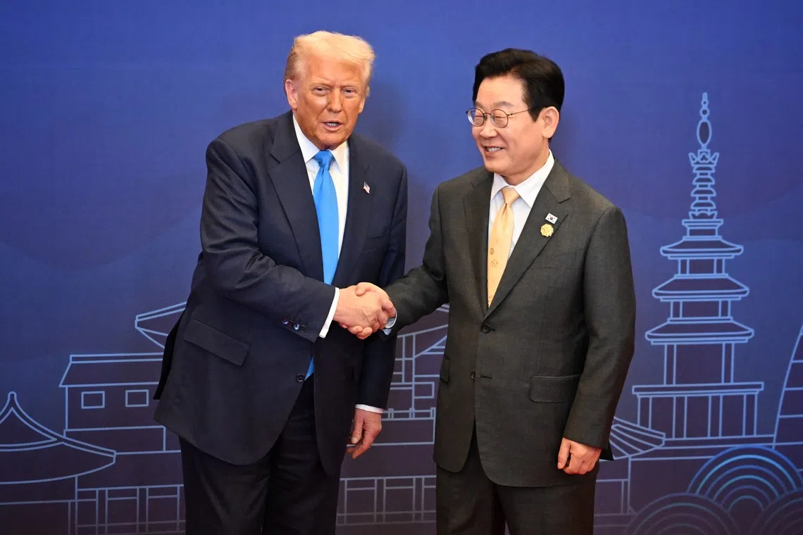 US President Donald Trump (left) and South Korean President Lee Jae Myung in in Gyeongju, South Korea, on Oct 29.