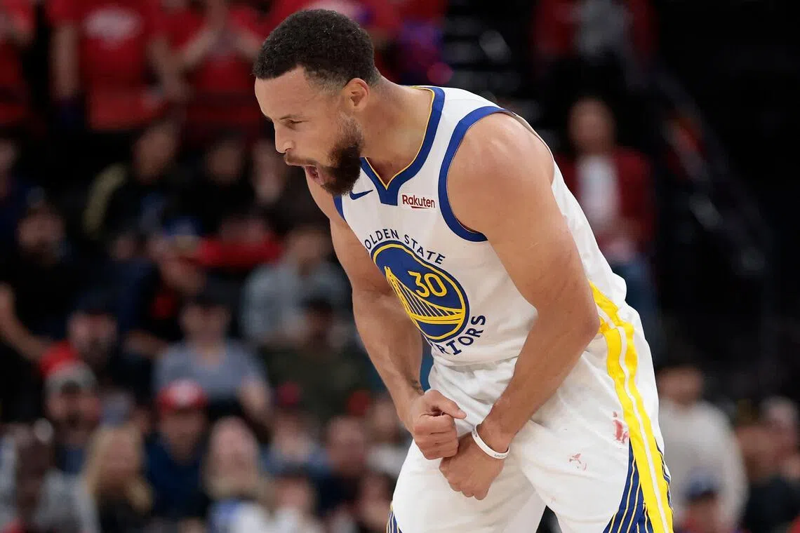 Stephen Curry of the Golden State Warriors reacting during the 126-121 NBA play-in win over the Los Angeles Clippers at Intuit Dome on April 15, 2026, in Inglewood, California.