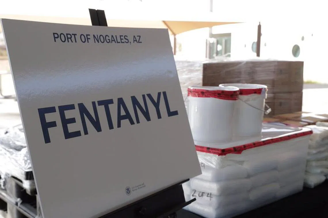 FILE PHOTO: Packets of fentanyl mostly in powder form and methamphetamine, which U.S. Customs and Border Protection say they seized from a truck crossing into Arizona from Mexico, is on display during a news conference at the Port of Nogales, Arizona, U.S., January 31, 2019.   Courtesy U.S. Customs and Border Protection/Handout via REUTERS