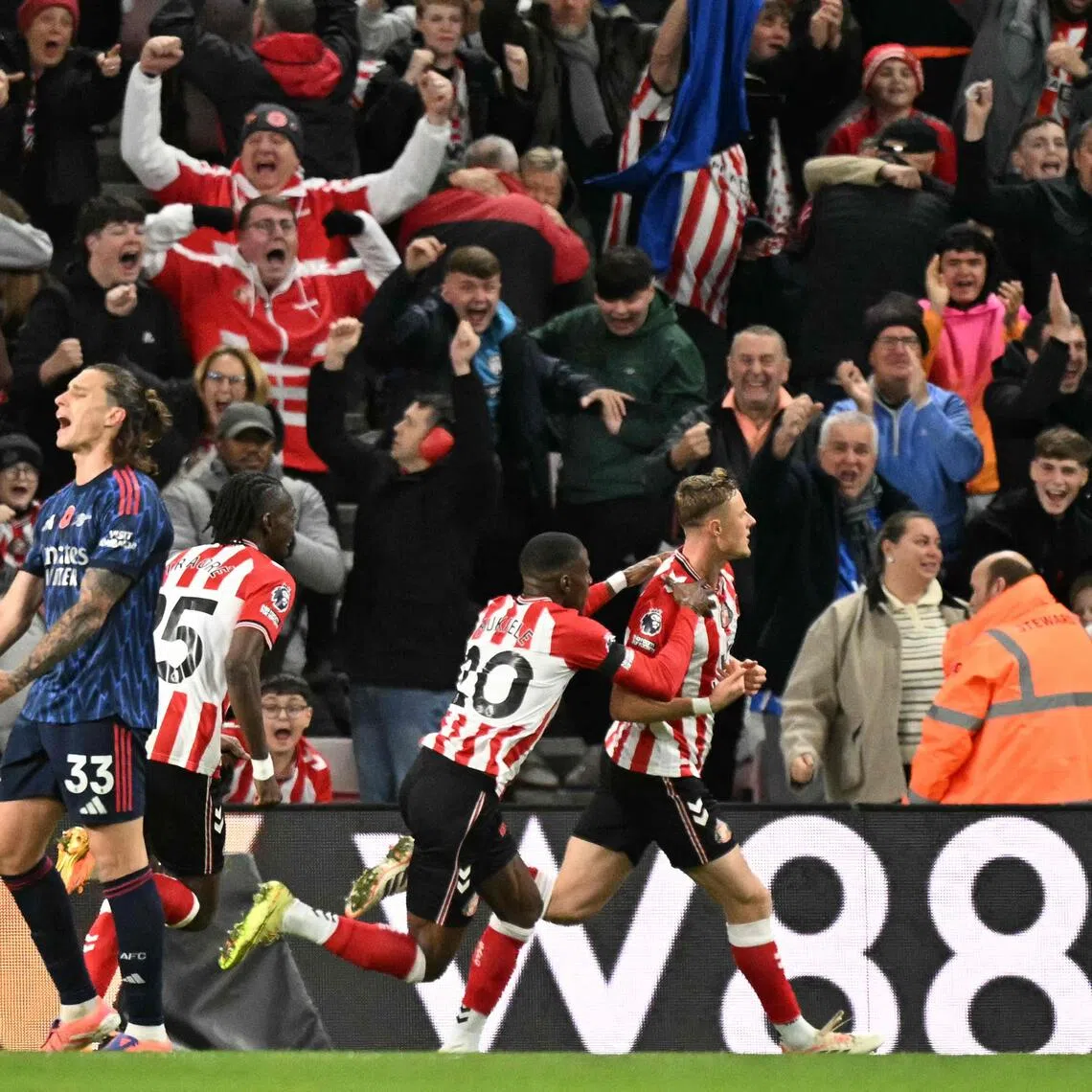 Sunderland's Daniel Ballard (right) celebrates scoring the opener in the 2-2 English Premier League draw against Arsenal on Nov 8.