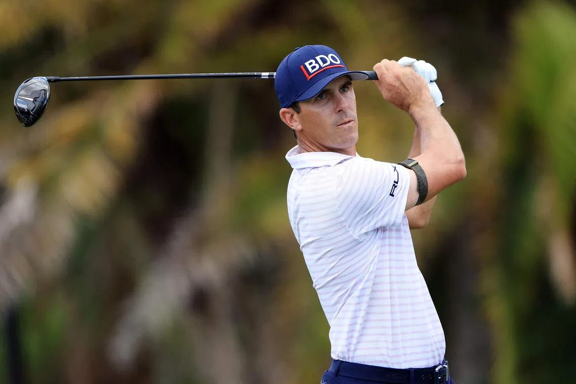 Billy Horschel hitting his first shot on the 8th hole during the first round of The Honda Classic at PGA National Resort And Spa in Florida. The American shares the first-round lead with Joseph Bramlett on 65. 