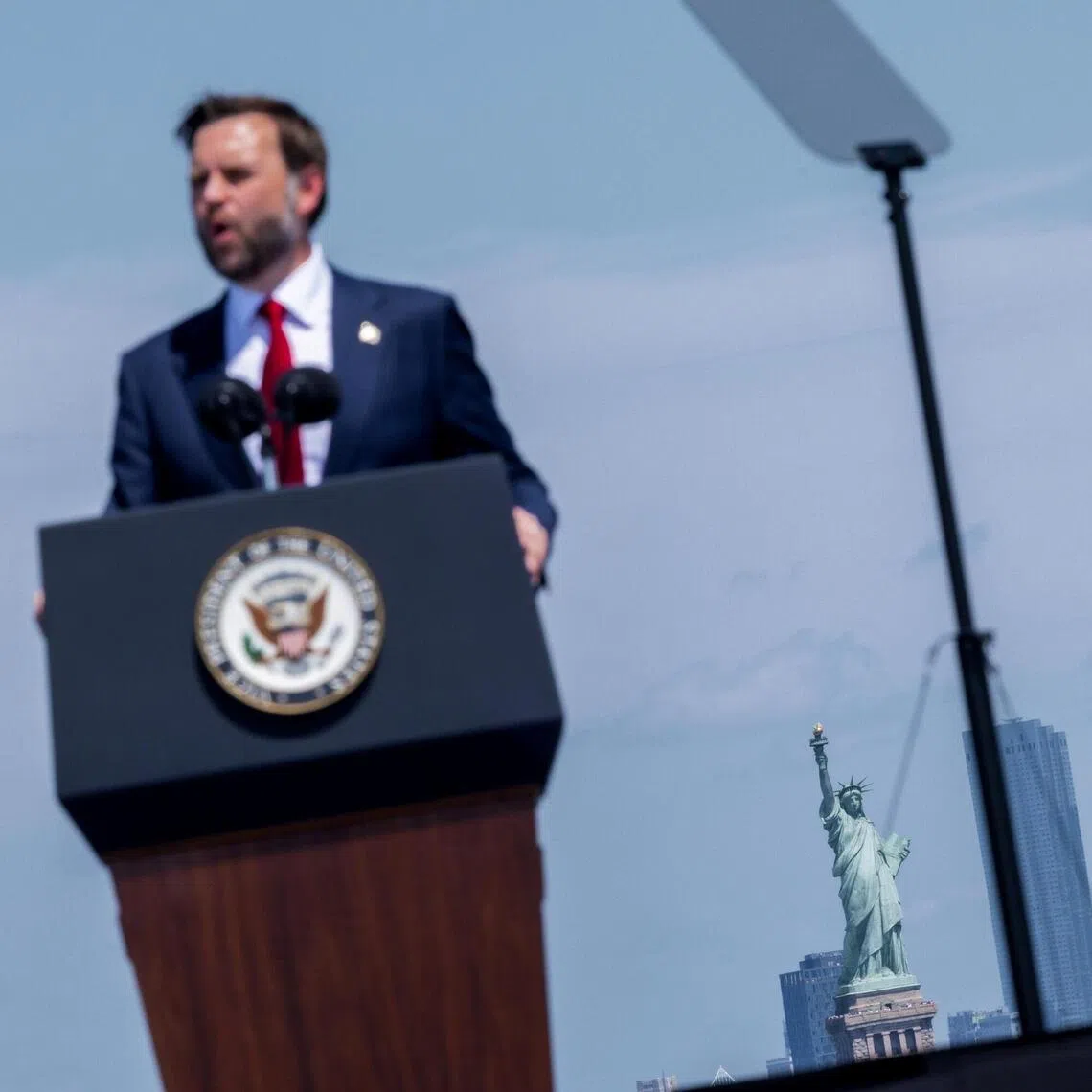 epa13086650 US Vice President J. D. Vance speaks on stage during the Parade of Sail international naval gathering marking the 250th Independence Day, in New York, New York, USA, 04 July 2026. The US marks in 2026 the 250th anniversary of America, known as the Semiquincentennial or SemiQuin, the 250 years since the adoption of the Declaration of Independence on 04 July 1776.  EPA/Olga Fedorova