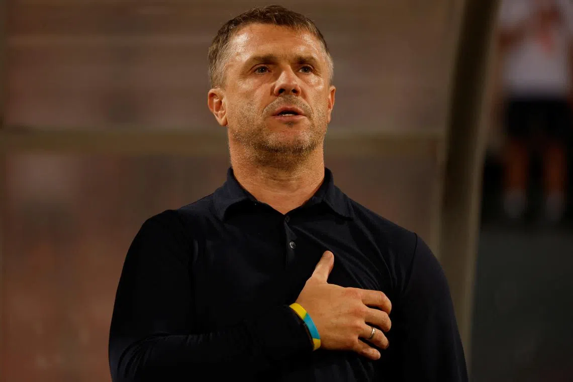 FILE PHOTO: Soccer Football - Euro 2024 Qualifier - Group C - Malta v Ukraine - National Stadium, Ta' Qali, Malta - October 17, 2023 Ukraine coach Serhiy Rebrov during the Ukrainian national anthem before the match REUTERS/Darrin Zammit Lupi/File Photo