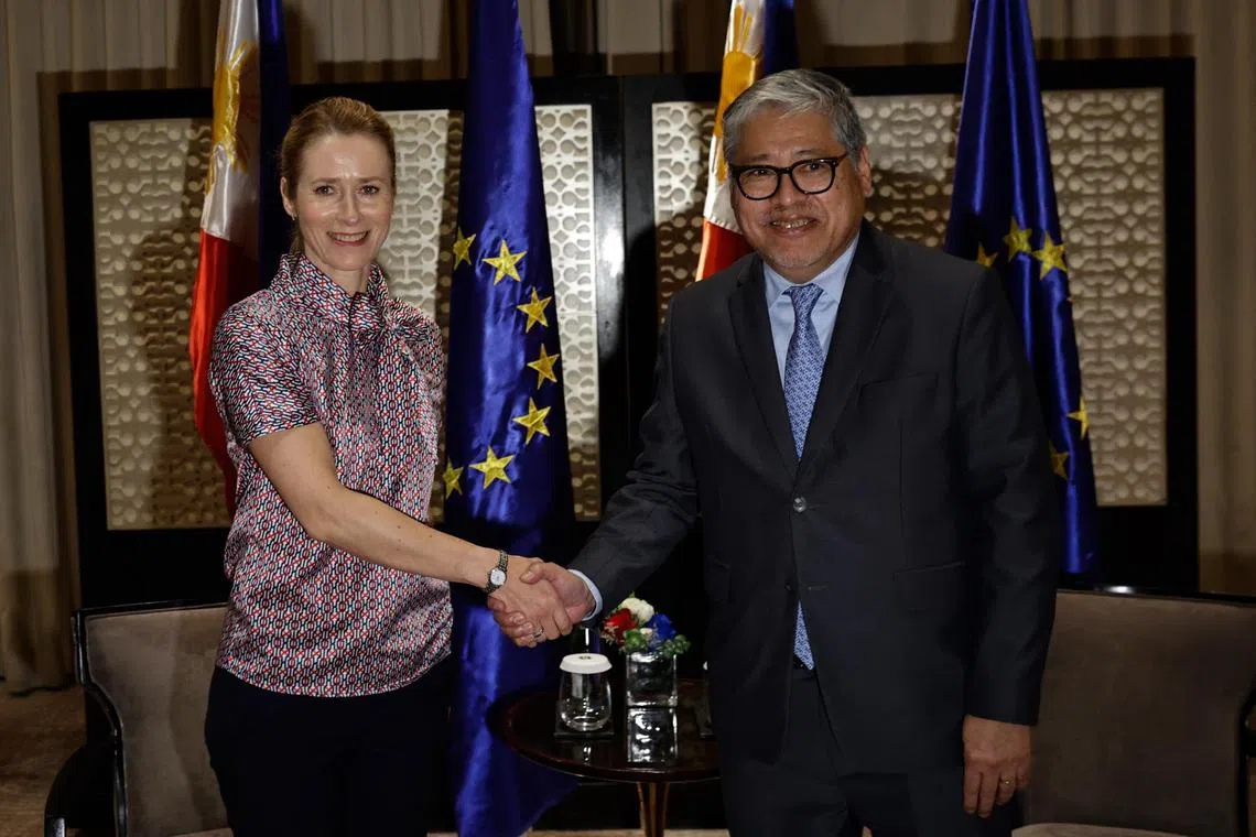 Ms Kaja Kallas (left) and Philippines Foreign Minister Enrique Manalo shake hands for a photo opportunity in Metro Manila on June 2, 2025. 