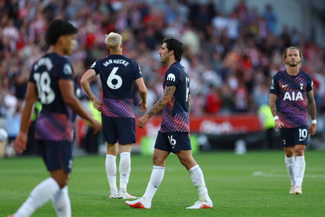 Tottenham Hotspur’s Sandro Tonali looks dejected after the match.