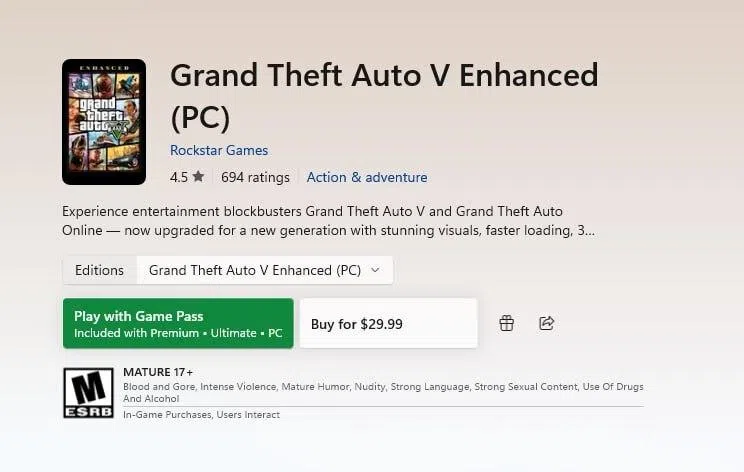 Grand Theft Auto (GTA) V is given a 17+ rating on the Microsoft Store while other titles under the GTA series carry an 18+ rating on Apple’s App Store and the Google Play store.