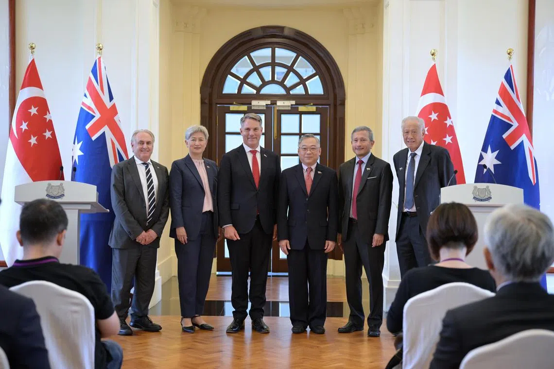 (L-R): Australia?s Minister for Trade and Tourism and Special Minister of State Don Farrell,  Minister for Foreign Affairs Penny Wong, Deputy Prime Minister and Minister for Defence Richard Marles, Singapore?s Deputy Prime Minister and Minister for Trade and Industry Gan Kim Yong, Minister for Foreign Affairs Dr Vivian Balakrishnan and Minister for Defence Dr Ng Eng Hen at the Joint Press Conference with Singapore and Australian media following the 14th Singapore-Australia Joint Ministerial Committee (SAJMC) Meeting on Dec 3, 2024.
