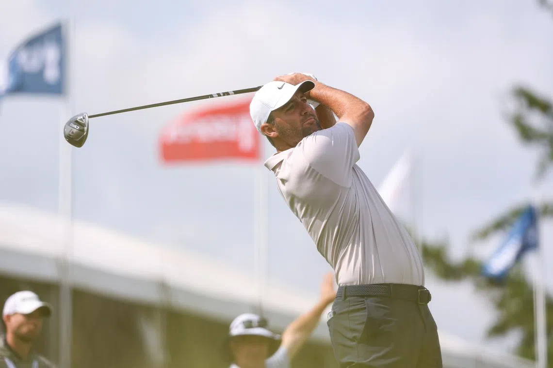 Jun 10, 2025; Oakmont, Pennsylvania, USA; Scottie Scheffler plays his shot from the third tee during a practice round for the U.S. Open golf tournament at Oakmont Country Club. Mandatory Credit: Bill Streicher-Imagn Images