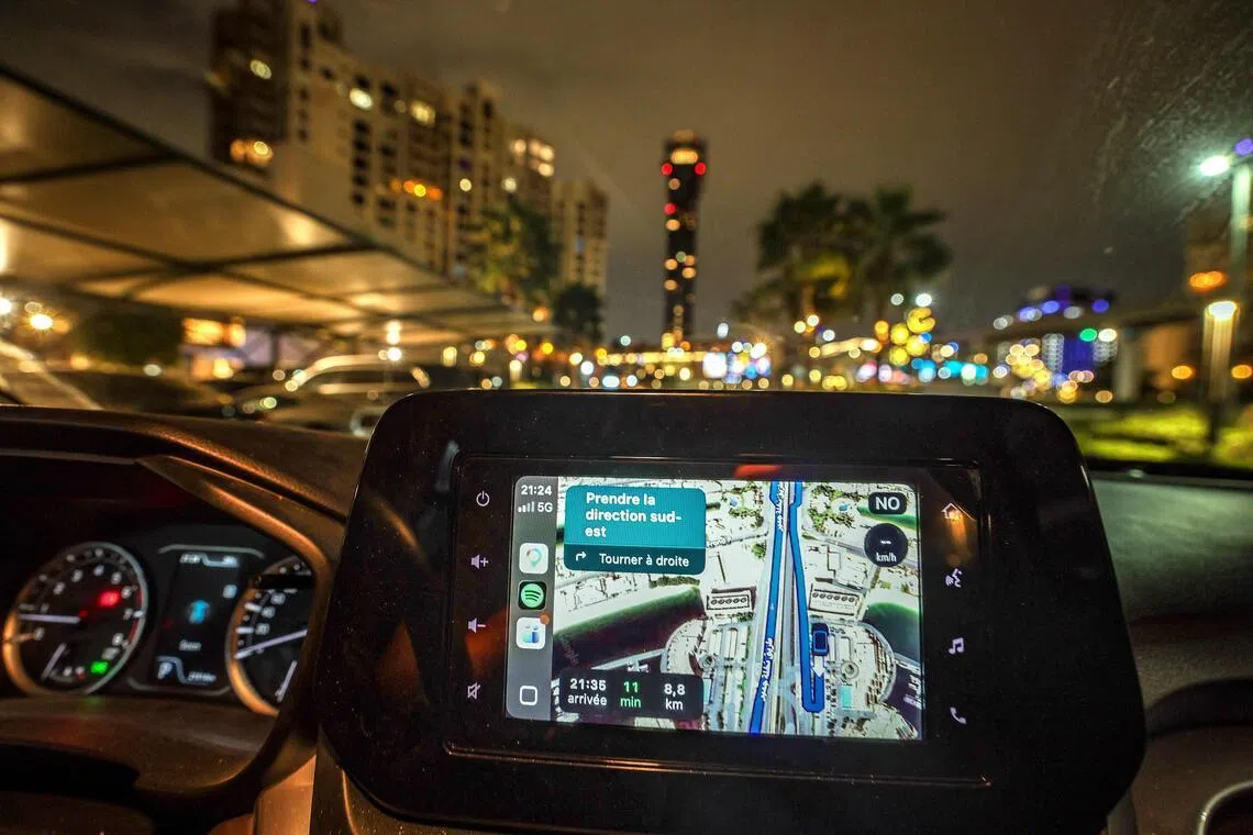 The screen of a GPS attached to the dashboard of a vehicle as residents of Dubai face GPS disruptions on March 9.