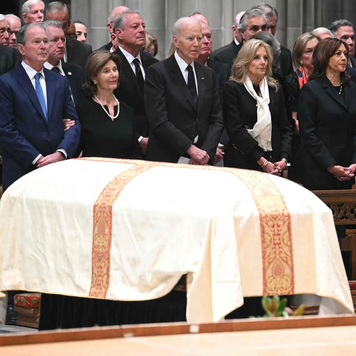 Guests at the funeral for former US vice-president Dick Cheney included (from left) former US president George W. Bush, his wife Laura Bush, former US president Joe Biden, his wife Jill Biden, former US vice-president Kamala Harris, former US vice-president Mike Pence and his wife Karen Pence.