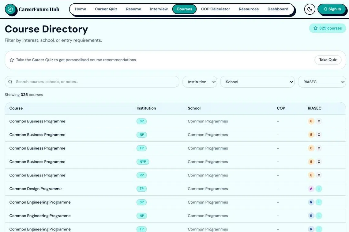 A screenshot of NavigaITE, a digital platform built by ITE College East students that features career interest assessments, course directories, and an AI-powered mock interview chatbot.