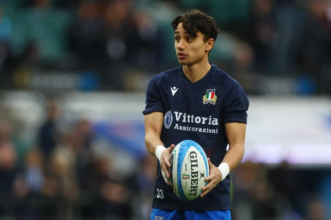 FILE PHOTO: Rugby Union - Six Nations Championship - England v Italy - Twickenham Stadium, London, Britain - February 12, 2023 Italy's Ange Capuozzo during the warm up before the match REUTERS/Paul Childs/File Photo