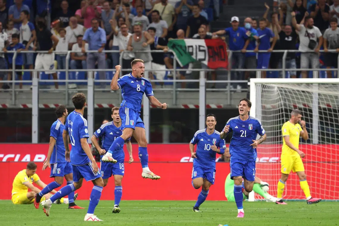 Italy’s Davide Frattesi celebrates scoring the opening goal in the 2-1 Euro 2024 qualifying win over Ukraine.