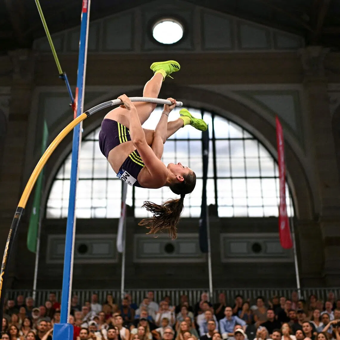 US pole vaulter Hana Moll competing in the Diamond League Weltklasse Zurich athletics meeting at the Wanner Hall of the Zurich Main Railway Station on Aug 26.