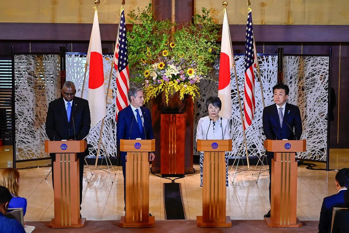 Japanese Foreign Minister Yoko Kamikawa, Japanese Defense Minister Minoru Kihara, US Secretary of State Antony Blinken and US Secretary of Defense Lloyd Austin attend a press conference in Tokyo on July 28.