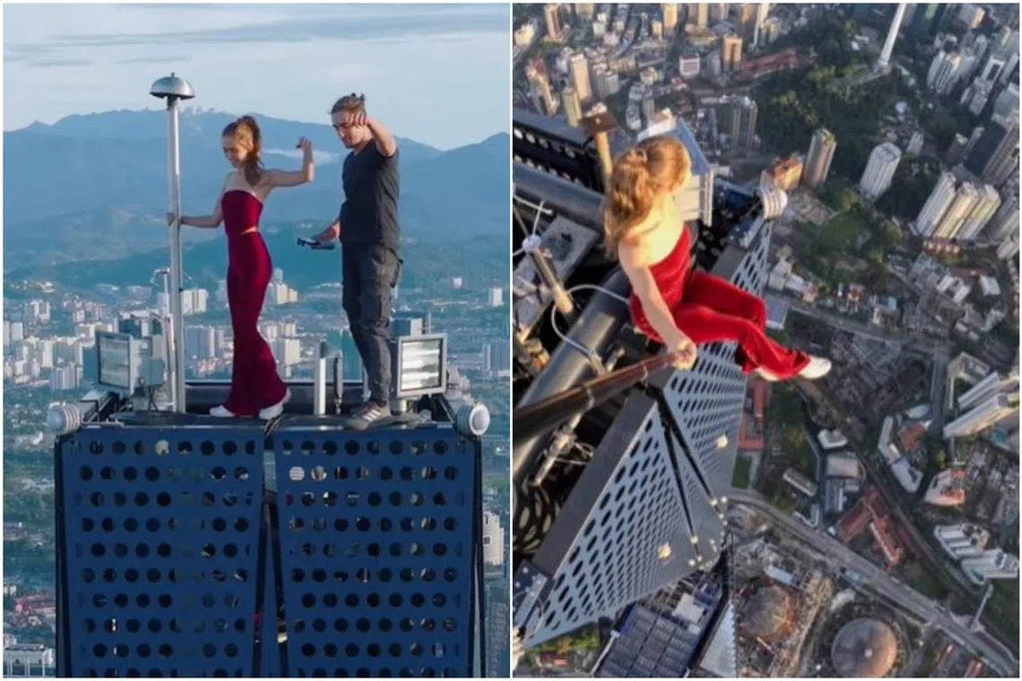 The climbers are Ivan Beerkus and Angela Nikolau, who identify themselves as extreme climbers and creators.