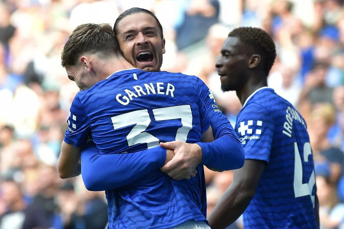 Everton's James Garner celebrating scoring their second goal with Jack Grealish during the 2-0 English Premier League win against Brighton & Hove Albion on Aug 24. It is the Toffees' first game at their new Hill Dickinson Stadium.