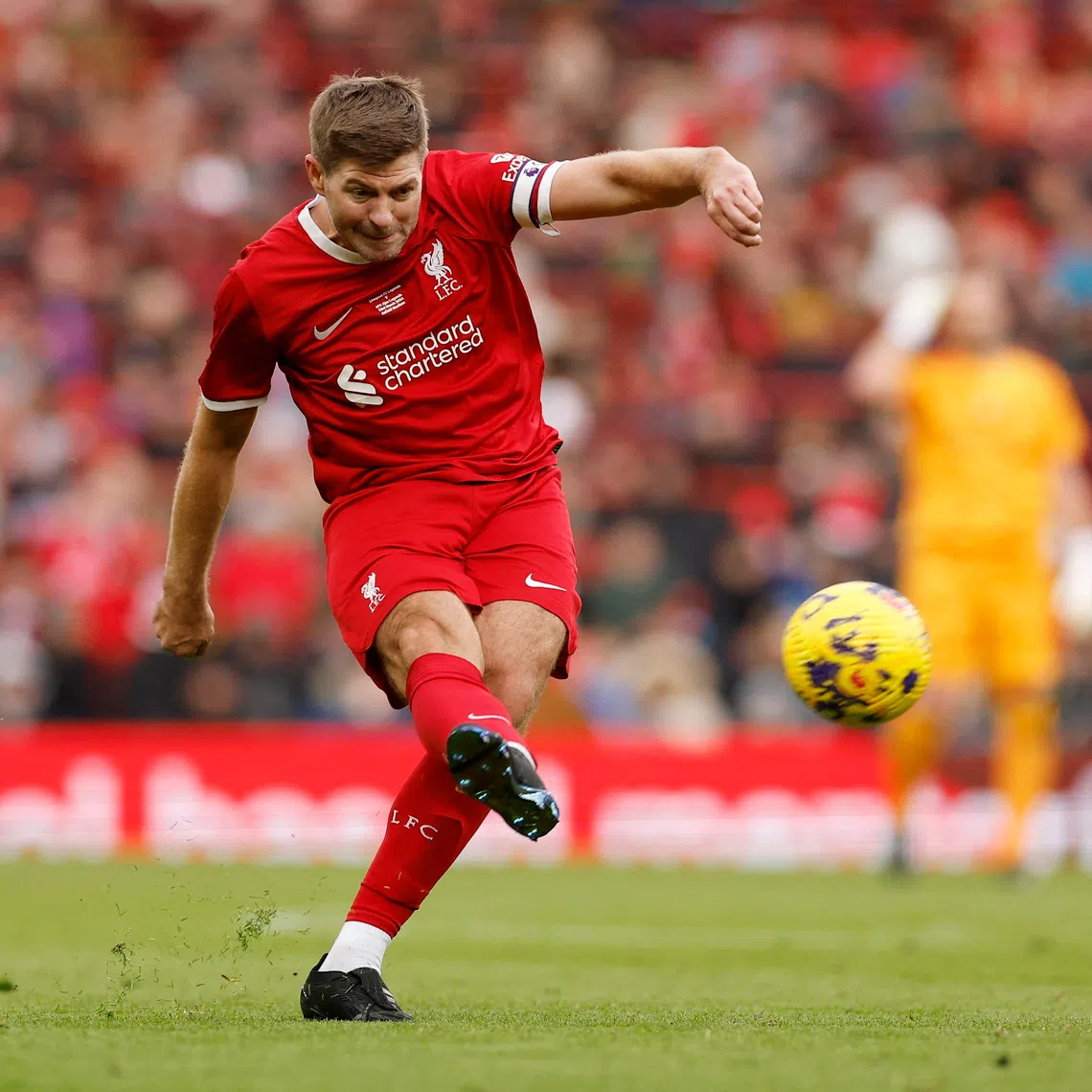 Soccer Football - Friendly Match - Liverpool Legends v Ajax Legends - Anfield, Liverpool, Britain - March 23, 2024 Liverpool Legends' Steven Gerrard in action Action Images via Reuters/Jason Cairnduff
