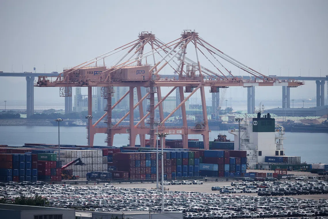 KIA Motors' vehicles are parked to be exported, at a port in Pyeongtaek, South Korea, July 31, 2025.    REUTERS/Kim Hong-Ji