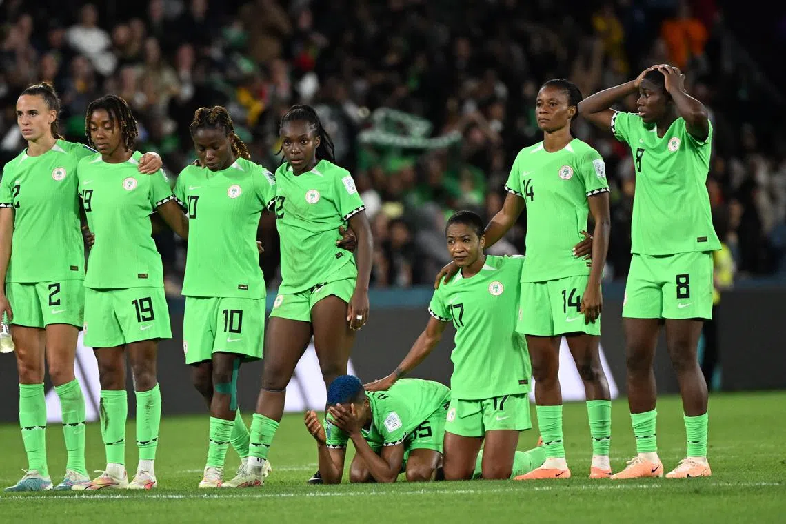 Nigeria looking on during their last-16 penalty shoot-out defeat by England at the Women's World Cup at Brisbane Rectangular Stadium on Monday.