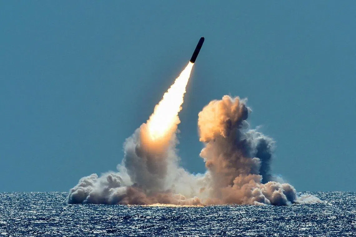 File photo of an unarmed Trident II D5 missile test-launched from a US Navy ballistic missile submarine off the coast of California on March 26, 2018. 