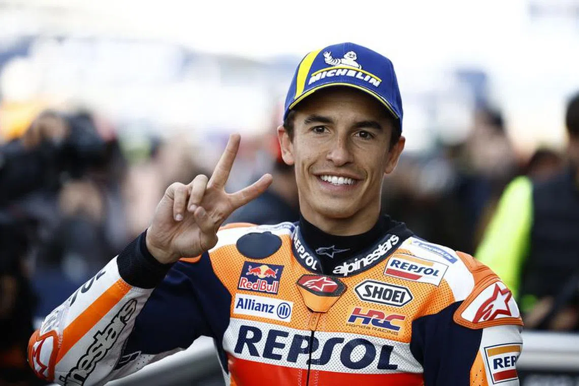 FILE PHOTO:MotoGP - French Grand Prix - Bugatti Circuit, Le Mans, France - May 13, 2023 Repsol Honda Team's Marc Marquez poses after qualifying in second place REUTERS/Stephane Mahe/File Photo