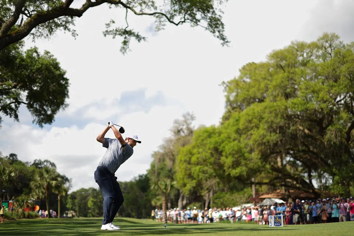 Scottie Scheffler of the United States plays his shot from the third tee during the second round of the RBC Heritage.
